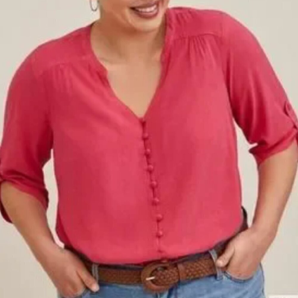 Torrid Harper Challis Button-Front 3/4 Sleeve Blouse 2X Baroque Rose Career Top